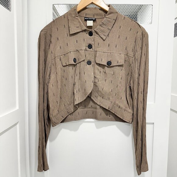 Vintage Tan Crinkle Button Crop Jacket Boho Western Office Blazer - Picture 4 of 8